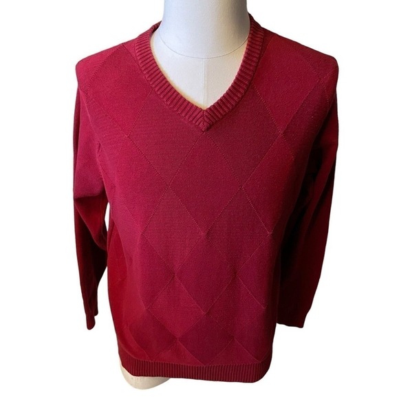Oscar De La Renta Sweater Diamond Pattern Red Mens Large Cotton V Neck - Picture 1 of 7